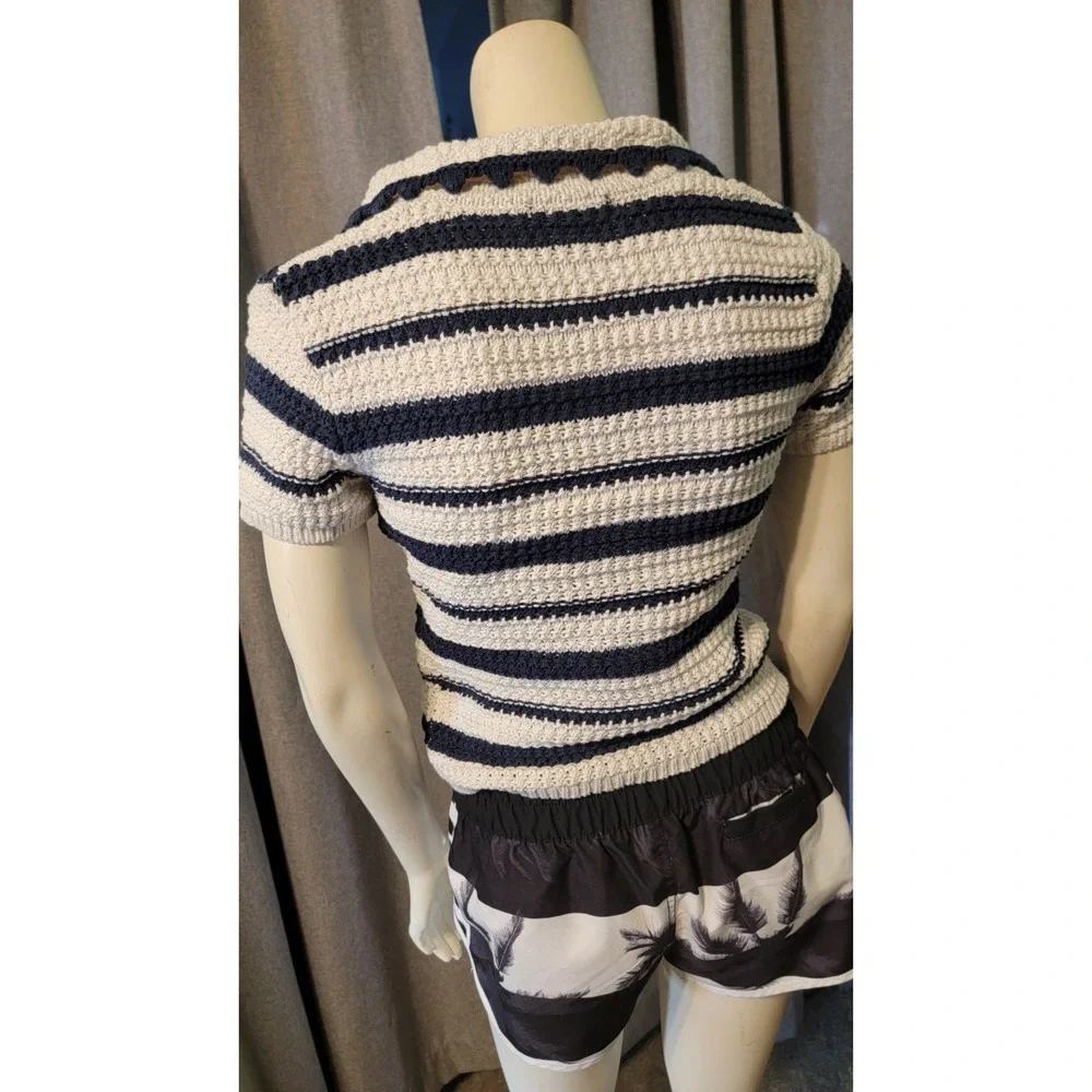 Blue & White Striped Alter'd State Cropped Nautical Open Knit Scalloped Collar S